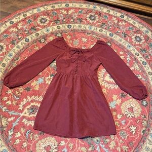 Girls' Burgundy Lace-Up Long Sleeve Dress